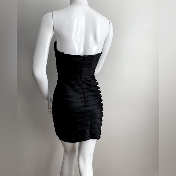 BCBGMaxAzria Black Ivory Mini Cocktail Party Shutter Pleated Dress Satin Tiered - Picture 6 of 11